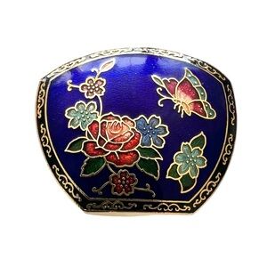 Cloisonné Floral Cobalt Blue Gold Tone Brooch